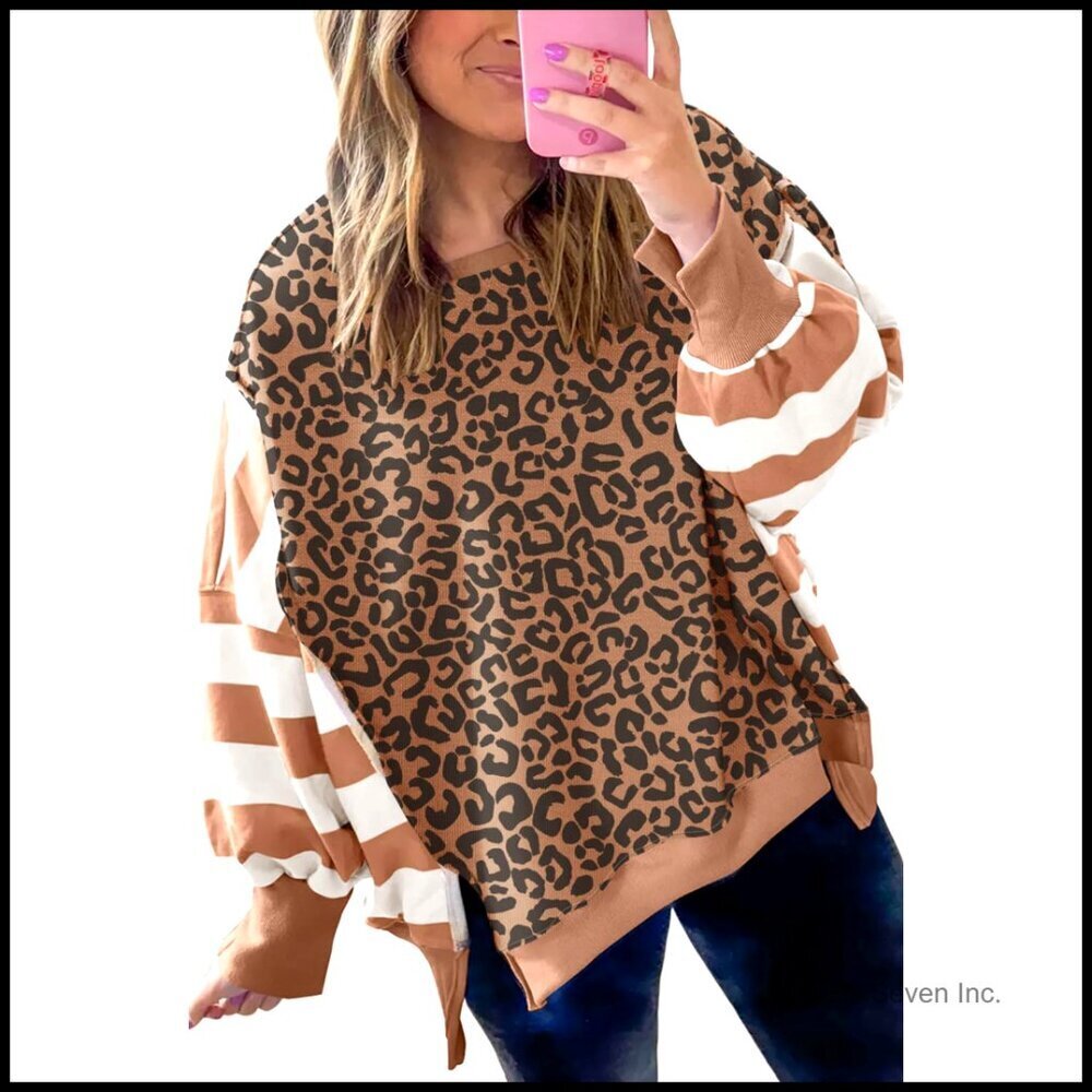 Striped Patchwork Sweatshirt Drop Shoulder Side Slit Pullover Chic Oversized